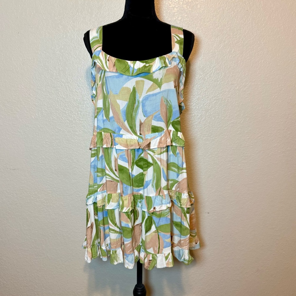 Girl And The Sun Ruffle Sun Dress Watercolor Leaf Print White Green Tan Size XL - Picture 2 of 14